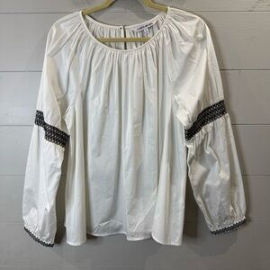 Elizabeth and James Women's Embroidered Peasant Blouse White Smocked Sleeve Top